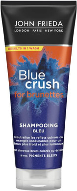 John Frieda Blue Crush Intensive Blue Shampoo 250 ml, Toning Shampoo for Brown Hair, Anti-Brass Shampoo for Brunettes with Crushed Blue Pigments