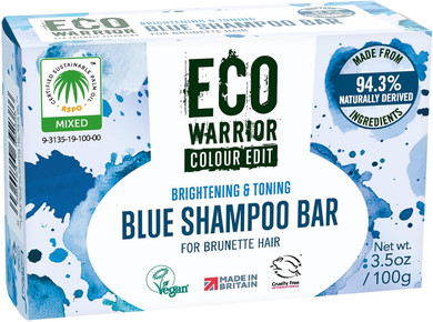 Eco Warrior Blue Shampoo Bar for Brunette Hair, 100g | Vegan, Cruelty-Free, Natural, eco friendly| Free from SLS or Parabens | Brightening & Toning bar shampoo with Squalane, Shea Butter & Bergamot