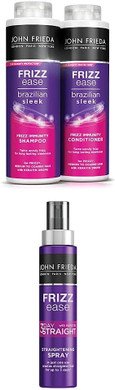 John Frieda Frizz Ease Brazilian Sleek Frizz Immunity Smoothing Shampoo & Conditioner & 3 Day Straight Straightening Spray: 2x500ml, 1x100ml
