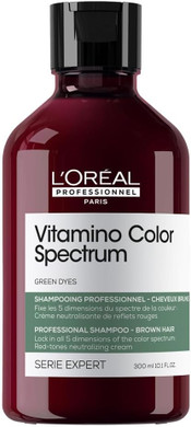 L'Oréal Professionnel Vitamino Color Spectrum Green Tinted Shampoo 300ml, For Dark Brown Coloured Hair, With Ferulic Acid + Citric Acid, Neutralise Undesired Red Undertones