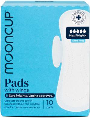 Mooncup® Maxi/Night+ Flow Pads with Wings, Ultra Soft Organic Cotton, 10 Pads