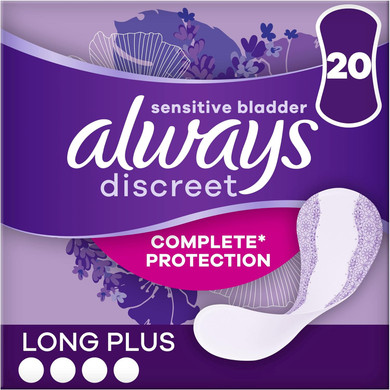 Always Discreet Incontinence Panty Liners for Women, Long Plus, 20 High Absorbency Liners, Complete Protection, for Bladder Leak, Thin and Discreet, Odour Neutraliser