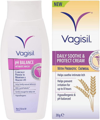 VAGISIL pH Balance Intimate Wash for Daily External Feminine Hygiene with LactoPrebiotic, 250 ml & Daily Soothe & Protect Cream For Women & Sensitive Skin, 30g