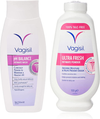 VAGISIL pH Balance Intimate Wash for Daily External Feminine Hygiene with LactoPrebiotic, 250 ml & UltraFresh Intimate Powder for Daily Feminine Hygienee, 100 g