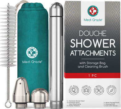 Medi Grade Shower Douche Kit for Men and Women - Comprehensive Aluminium Shower Enema Kit for Adults with 3 Shower Douche Nozzle Attachments, Cleaning Brush and Storage Bag - Anal Douche Shower Head