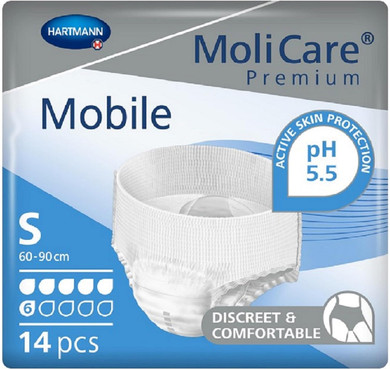 MoliCare Premium Mobile Disposable Underpants: Discreet Usage for Woman and Men with Incontinence; 6 Drops, Size S, Pack of 14, White