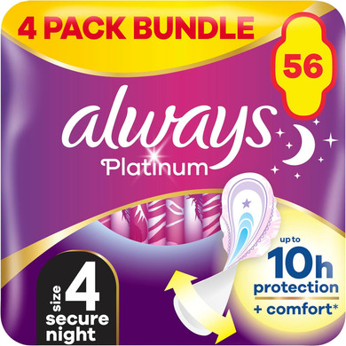 Always Platinum Secure Night Size 4 Sanitary Towels Wings VP 4x12ct