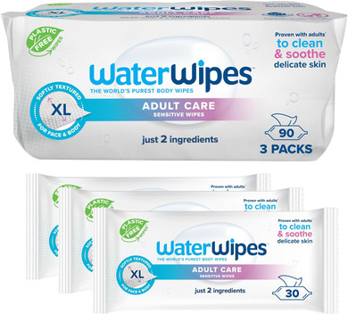 WaterWipes Adult Care Sensitive Body & Intimate Hygiene Wipes, 180 (6 Packs), XL Textured, 99.9% Water-Based Wipes, For Everyday Personal Uses, Packaging May Vary