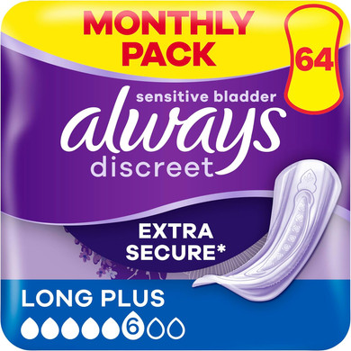 Always Discreet Incontinence Pads Women Long Plus 64 Count, Extra Secure & Discreet