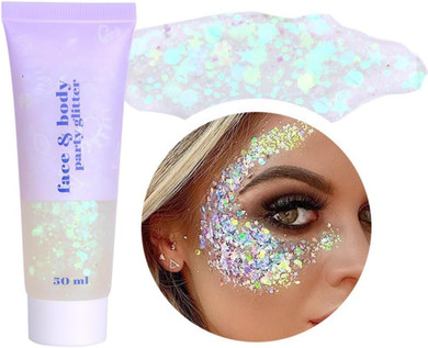 Beliky Girl Body Glitter Gel, 50ML Face Glitters Body Gel Sequins Shimmer Liquid Eyeshadow, Mermaid Sequins Liquid Holographic Glitter Gel, Chunky Glitter for Face Hair Nails (White)