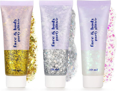 Body Glitter Gel Set, 3 Pcs Face Glitters Body Gel Sequins Shimmer Liquid Eyeshadow, Mermaid Sequins Liquid Holographic Chunky Glitter for Face Hair Nails(Gold,Silver,White)