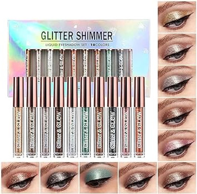 10 Color Metallic Glitter Liquid Eyeshadow Set, Waterproof Smoky Eye Makeup, Long-lasting Quick-drying Glitter Eye Makeup Kit (A)