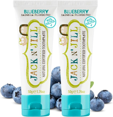Jack N' Jill Natural Certified Toothpaste - Baby & Toddler Toothpaste, Fluoride-Free, 40% Xylitol, Organic, Safe for 6 Months & Up, Makes Brushing Fun, Strawberry 2 x 50g & Blueberry 1 x 50g