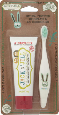 Jack N' Jill Tooth Buddy: Natural Certified Toothpaste (Strawberry) & Kids Toothbrush - Handle & Packaging Made from Corn, Organic Fruit Flavour, Safe If Swallowed, Makes Tooth Brushing Fun for Kids