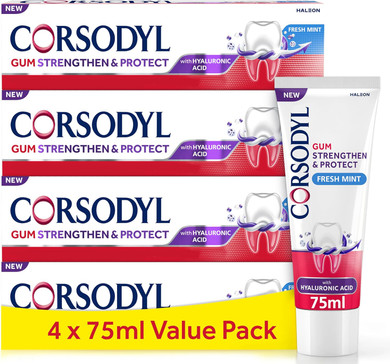 Corsodyl Toothpaste Multipack Gum Strengthen & Protect with Hyaluronic Acid, Fresh Mint, 4x 75ml