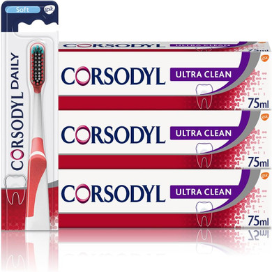 Corsodyl Gum Care Ultra Clean Toothpaste and Toothbrush Bundle: 3X Corsodyl Ultra Clean Toothpaste 75ml & 1x Daily Toothbrush Soft