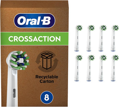 Oral-B Cross Action Electric Toothbrush Head with CleanMaximiser Technology, Angled Bristles for Deeper Plaque Removal, Pack of 8, Suitable for Mailbox, White
