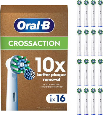 Oral-B Pro Cross Action Original Electric Toothbrush Head, X-Shape and Angled Bristles for Deeper Plaque Removal, Pack of 16 Toothbrush Heads, Suitable for Mailbox, White