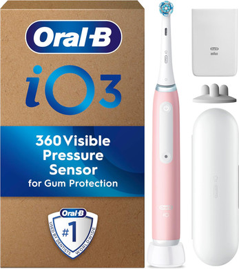 Oral-B iO 3 Blush Pink Ultimate Clean Electric Toothbrush, 1 Refill Holder, 1 Charger Pouch, 1 Travel Case, Designed by Braun