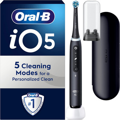 Oral-B iO5 Electric Toothbrushes For Adults, 1 Toothbrush Head & Travel Case, 5 Modes With Teeth Whitening, UK 2 Pin Plug, Black