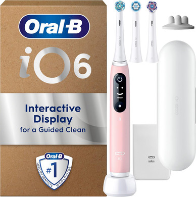 Oral-B iO6 Electric Toothbrush for Adults, 3 Toothbrush Heads, Travel Case & Toothbrush Head Holder, 5 Modes with Teeth Whitening, 2 Pin UK Plug, Pink
