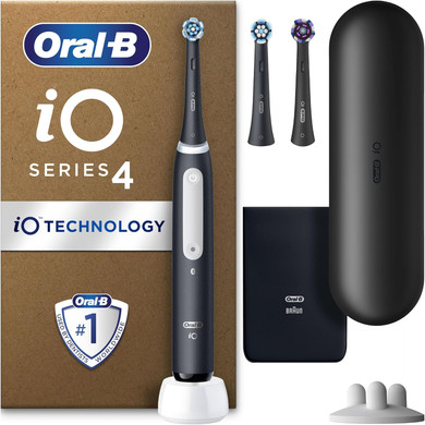 Oral-B iO4 Electric Toothbrush For Adults, 3 Toothbrush Heads, Travel Case & Toothbrush Head Holder, 4 Modes With Teeth Whitening, 2 Pin UK Plug, Black