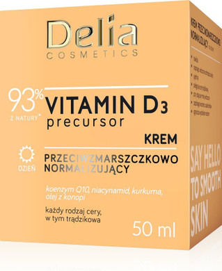 Delia Cosmetics  Vitamin D3 Precursor - Anti-Wrinkle Normalising Day Cream  All Skin Types - Acne Skin - Hydrating, Firming  Reducing Sebum  Co-Enzyme Q10  Niacinamide  Tumeric  Hemp Oil  50ml