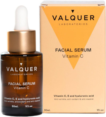 Valquer Anti-aging Facial Serum with Vitamins C, E & Hyaluronic Acid. Hydrates, protects, and reduces wrinkles with natural antioxidants. Vegan, revitalizing, for all skin types. 30 ml