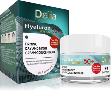 Delia - Hyaluron Fusion - Day & Night Face Cream - Anti Wrinkle, Anti Aging, Lifting Concentrate - Verbena Extract - Contour, Elasticity, Firmness Improvement - (Age 50+) 50ml