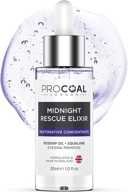 Face Oil, Midnight Rescue Elixir Face Oil Serum 30ml by Procoal - Anti Ageing Face Serum For Soft, Supple, and Glowing Skin, Rosehip Face Oil, Evening Primrose & Squalane, Made in UK