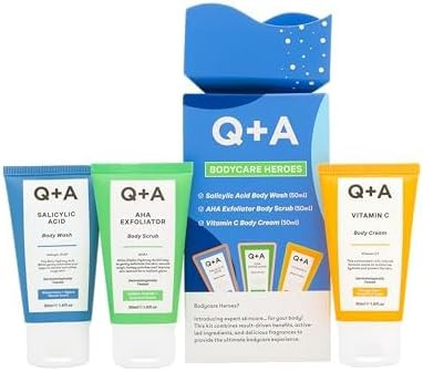Q+A Bodycare Heroes Giftset - 3-Step Skincare Routine: Salicylic Acid Body Wash, AHA Exfoliator Scrub & Vitamin C Body Cream, Travel Sized 50ml Each, Exfoliate, Smooth & Radiate, Softens Skin