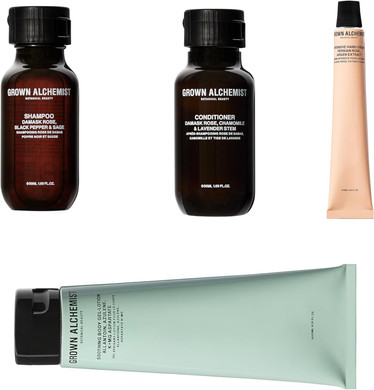 Grown Alchemist Hair, Hand & Body Routine Natural Skincare Kit and Beauty Bag - Hydrating Body Cleanser 120 ml, Intensive Hand Cream 12 ml, Sulphate, Silicone Free Shampoo and Conditioner 4 x 50 ml