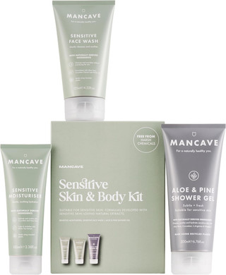 ManCave Sensitive Skin & Body Gift Set, Face Wash, Moisturiser, Shower Gel, Dermatologically Tested, Natural Formulations, Ideal for Travel, Vegan, Made in England, Packaging May Vary