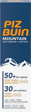 Piz Buin Mountain Face Suncream SPF 50+ and Lipstick SPF 30 2-in-1 (20ml), Facial Sunscreen with UVA/UVB Protection, Intensely Nourishing Lipcare for Harsh Weather Conditions