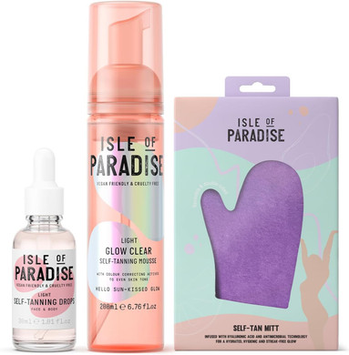 Isle of Paradise Self Tan Mousse - Light Glow Clear Self Tanning Foam (200 ml) + Face Drops Light (30 ml) & Mitt Applicator
