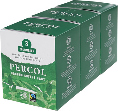 Percol - Colombian Ground Coffee Enveloped Bags (30x8g), Luxury Roast & Ground, Fairtrade, Hand-Picked Arabica Beans, Single Origin, Light Roast, Strength 3, Sustainable, Compostable