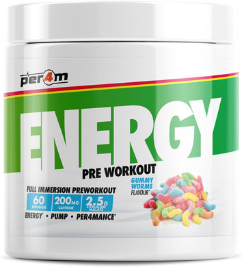 Per4m Energy Pre Workout with Amino Acids | Caffeine, Tyrosine, Citrulline & Theobromine | Endurance, Focus & Sustained Power | 60 Servings (390g, Gummy Worms)