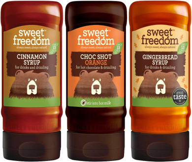 Sweet Freedom Vegan Winter Warmers Bundle - x1 Orange Spice Choc Shot 320 G, x1 Gingerbread Syrup 350 G & x1 Cinnamon Syrup 350 G