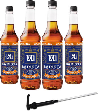 Tate & Lyle - Caramel Syrup with Pump - Fairtrade Set, Vegan and Vegetarian Friendly - Caramel Syrup for Coffee, Cold Drinks and Hot Drinks - Produced in the UK - 4 x 750ml Bottle, with Pump