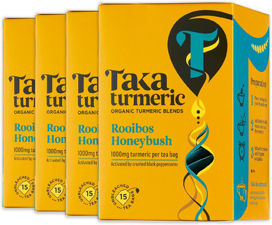 Taka Turmeric, 1 pack (15 Teabags) Organic Rooibos & Honeybush Tea Bags with Turmeric & Black Peppercorns, Turmeric Tea, Caffeine Free Redbush Tea Bags, Rooibos Tea Bags, Recyclable Packaging