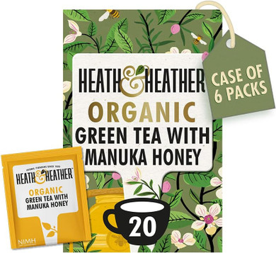 Heath & Heather Organic Green Tea with Manuka Honey Teabags | Individually Wrapped Herbal Tea Infusions | 6 Packs of 20, Total 120 Tea Bags