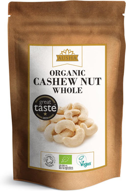 Ausha Organic CASHEW NUTS Whole 200g - UK Certified Organic by Soil Association - 1* GREAT TASTE AWARD