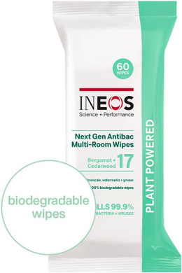 INEOS Hygienics Next-Gen Antibac Multi-Room Disinfectant Biodegradable 60 Wipes, Bergamot + Cedarwood, Kills 99.9% of Bacteria + Viruses, Plant Powered, Packaging May Vary