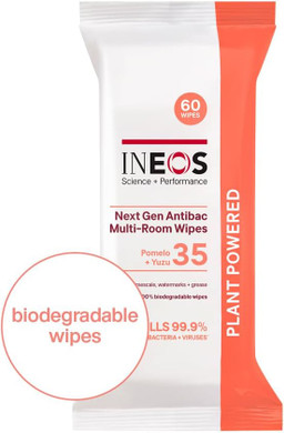 INEOS Next-Gen Antibac Multi-Room Disinfectant Biodegradable 60 Wipes, Pomelo + Yuzu, Kills 99.9% of Bacteria + Viruses, Plant Powered, Packaging May Vary