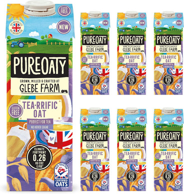 Glebe Farm PureOaty Tea-riffic Oat Drink | Dairy-Free & Gluten-Free | Oat Milk Crafted for Tea | Non-Splitting Formula | Vegan Oat Milk, Tea-Specific, 1L Carton (6-Pack)