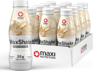MaxiNutrition MaxShake Protein Milkshake Vanilla, 12 x 330 ml, Creamy Protein Shake for Travel, 25 g Protein, Low Fat and Low Carb, Lactose-Free, No Artificial Flavours