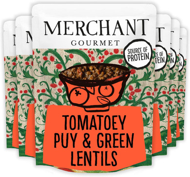Merchant Gourmet Cooked Tomatoey French Puy & Green Lentils - High in Protein, Source of Fibre & Vegan - Pack of 6 x 250g Ready-to-eat Pouches