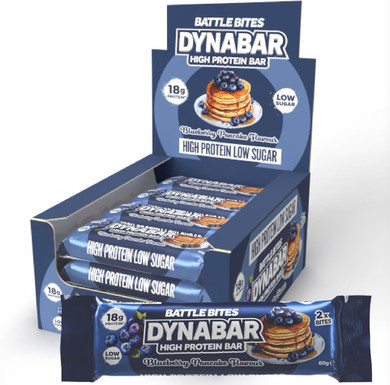 Battle Bites - Dynabar - High Protein Bars 12 x 62g - Blueberry Pancake Flavour - Low in Sugar, High in Fibre, Free from Preservatives, Non-GMO - 18g protein + 204 calories per bar - Made in UK
