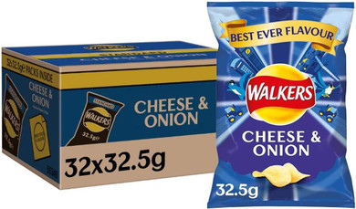 Walkers Cheese and Onion Crisps Multi-Pack Box, 32.5 g, Case of 32