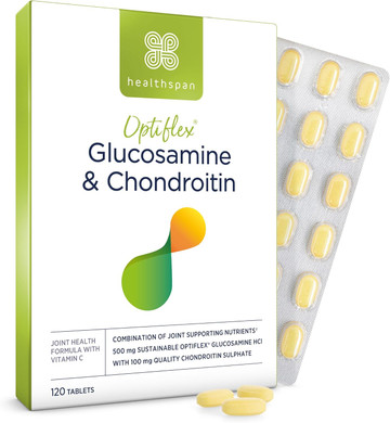 Healthspan Glucosamine and Chondroitin (120 Tablets) | Joint Health | 500mg Optiflex Glucosamine & 100mg Chondroitin Sulphate | 20mg Vitamin C | 40% More Glucosamine Per Gram | Sustainably Sourced